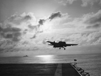 US Navy Grumman Wildcat F4F Takes Off from Carrier 1943