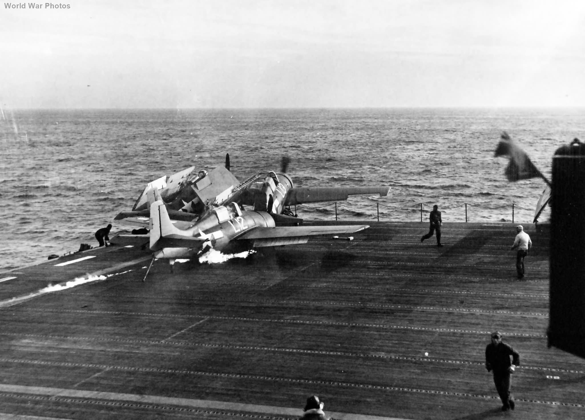 Crash of FM-1 BuNo 46789 on flight deck of USS Manila Bay 16 December 1943