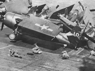 Crewmen on carrier knocked down by runaway Wildcat 1945 2