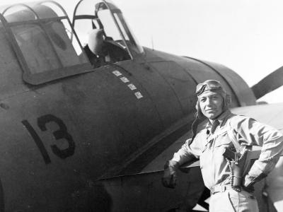 Donald E. Runyon posing with his Wildcat, 1942 2
