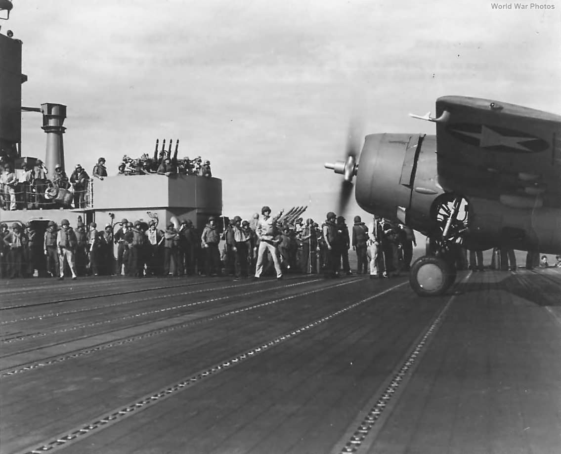 F4F awaits starters signal to take off from USS Lexington 1942