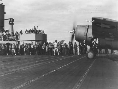F4F awaits starters signal to take off from USS Lexington 1942