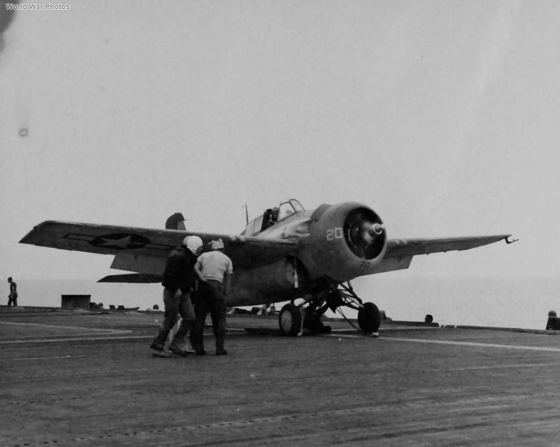 FM-2 preparing for launch on board USS Matanikau CVE-101 27 July 1944 2