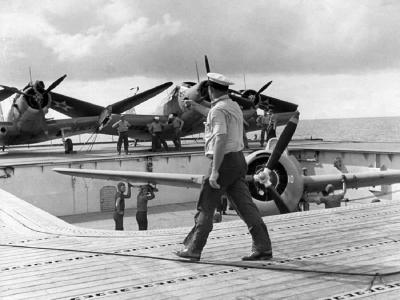 USS Enterprise with F4F on elevator