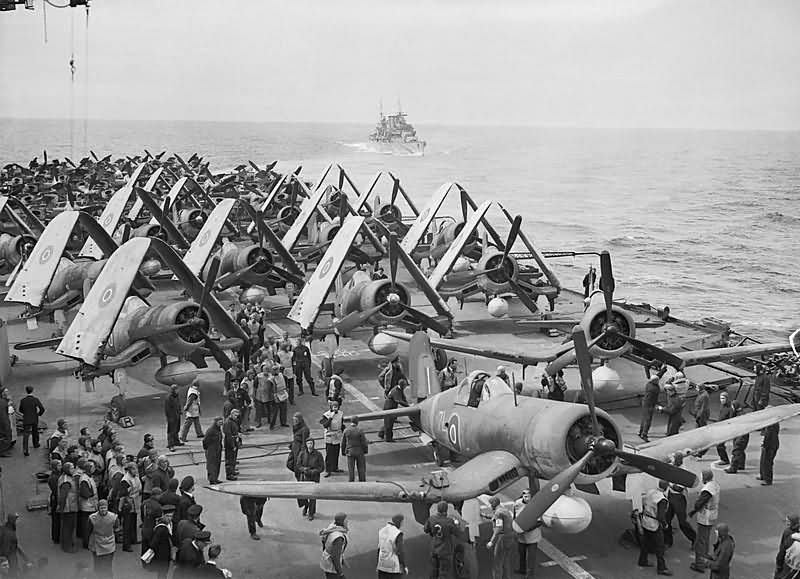 Corsairs and Barracuda torpedo bombers on the flight deck of HMS Formidable