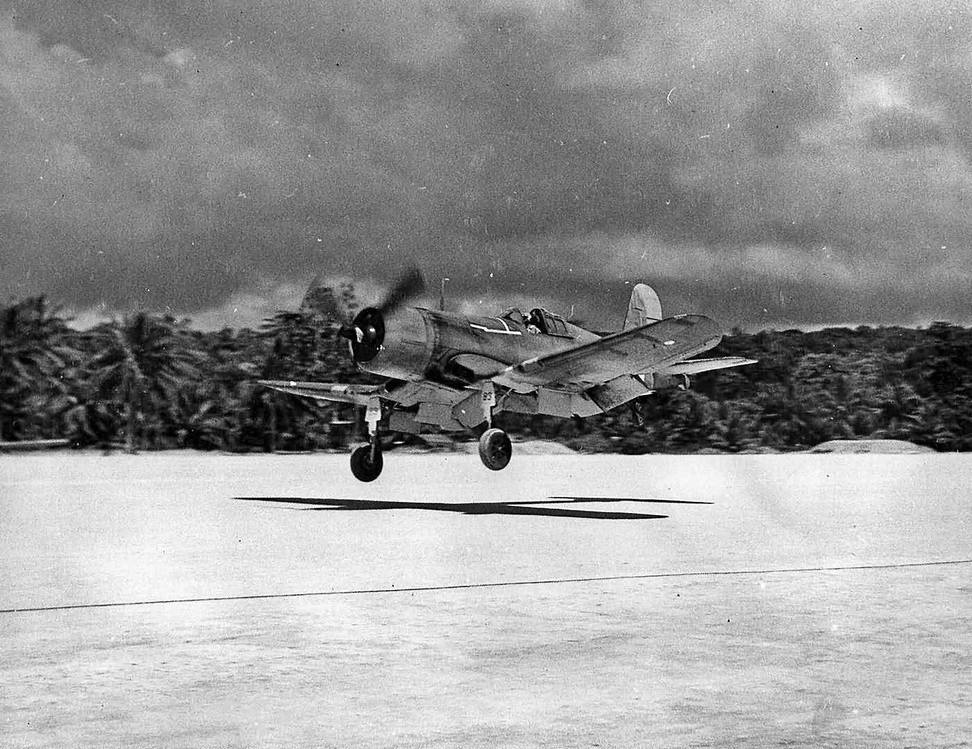 F4U Corsair of VMF-214 lands at Espiritu Santo on September 11, 1943