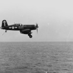 F4U-1D Corsair 155 of VF-84 on approach to the carrier USS Bunker Hill CV-17 on February 16, 1945