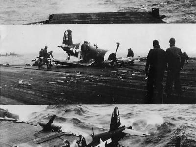 Corsair of VMF-123 crash landing on USS Bennington 1945