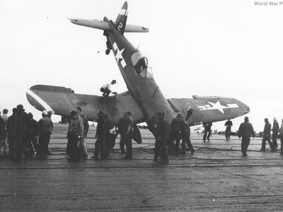 F4U-1D nose down USS Hancock 1945