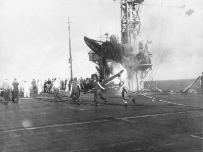 Crashed F4U aboard USS Prince William February 1945 2