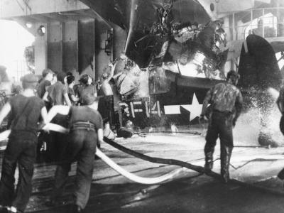 Crashed F4U aboard USS Prince William (CVE-31) February 1945