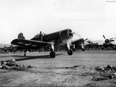 MAG-21 F4U taxiing on Guam 1944