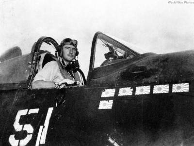 VMF-323 pilot Lt Wade in cockpit of a F4U May 1945