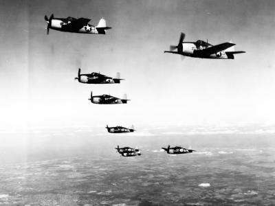 F6F-3 Hellcats of VF-8 in flight 1943