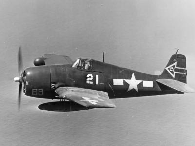 F6F-5N Hellcat #21 of VF(N)-90 Bats iin flight during World War II