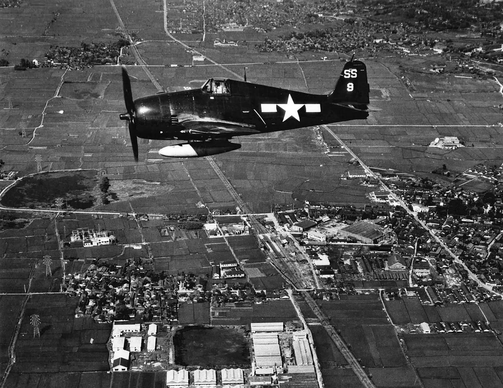 F6F-5N Hellcat 9 of VF(N)-91 USS Bon Homme Richard CV-31 in flight over China September 12, 1945