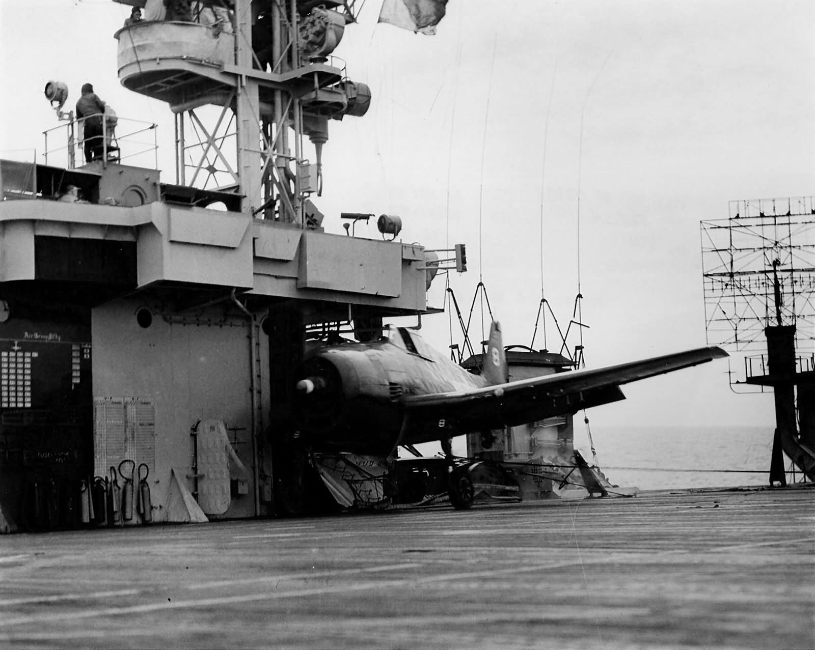 F6F-5N Hellcat flown by Ensign Cole of VF(N)-42 after smashing into the island of the light carrier USS Bataan CVL-29 November 21, 1944