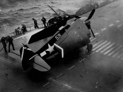 F6F-5 Hellcat #59 of VF-53 on the flight deck of the carrier USS Saratoga CV-3 Iwo Jima on February 21, 1945