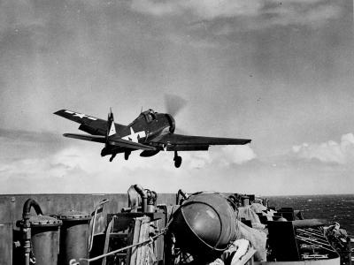 F6F-5 Hellcat of VF-20 launches from the carrier Lexington CV-16 January 25, 1945