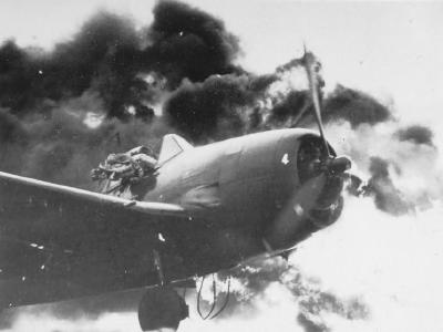F6F Hellcat 4 on fire on USS Ticonderoga (CV-14)