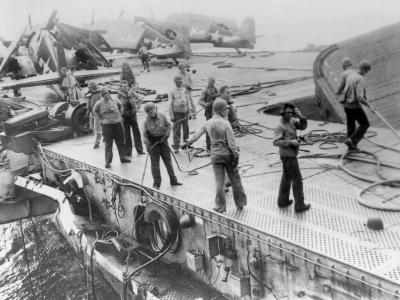 F6F Hellcats and damaged deck
