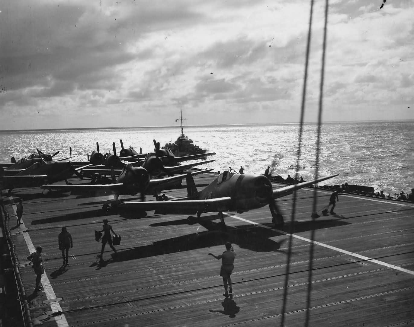 F6F of Fleet Air Arm Hellcat Mk II on deck of HMS Ameer