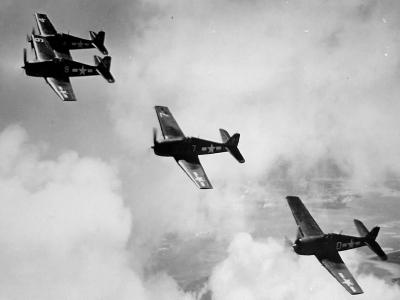 Formation of F6F-3 Hellcats of VF-1 in flight over Hawaii May 1944