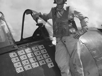 Ace David McCampbell on Hellcat aboard USS Essex