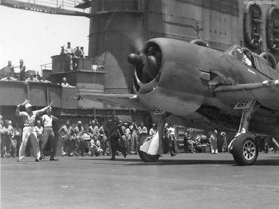 F6F-3 of VF-12 prepares to launch from the USS Saratoga