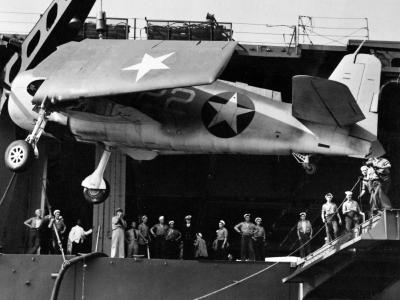 F6F-3 Hellcat hoisted on board carrier November 1943