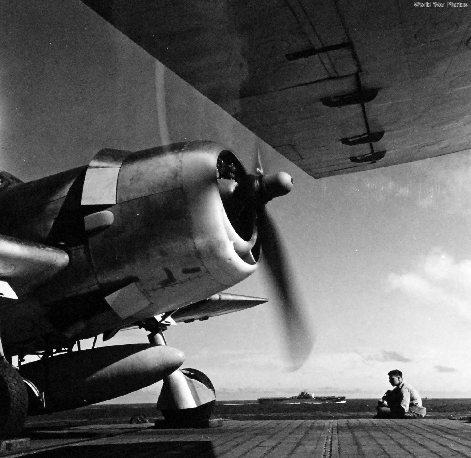 F6F-3 Hellcat with belly tank on deck of USS Yorktown October 1943