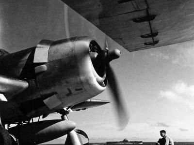 F6F-3 Hellcat with belly tank on deck of USS Yorktown October 1943