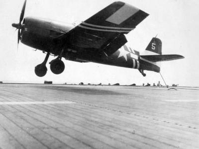 F6F-5 Hellcat landing on USS Siboney 1945