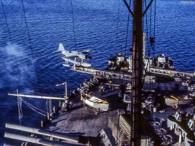 OS2U on catapult of the USS Iowa BB-63 1944