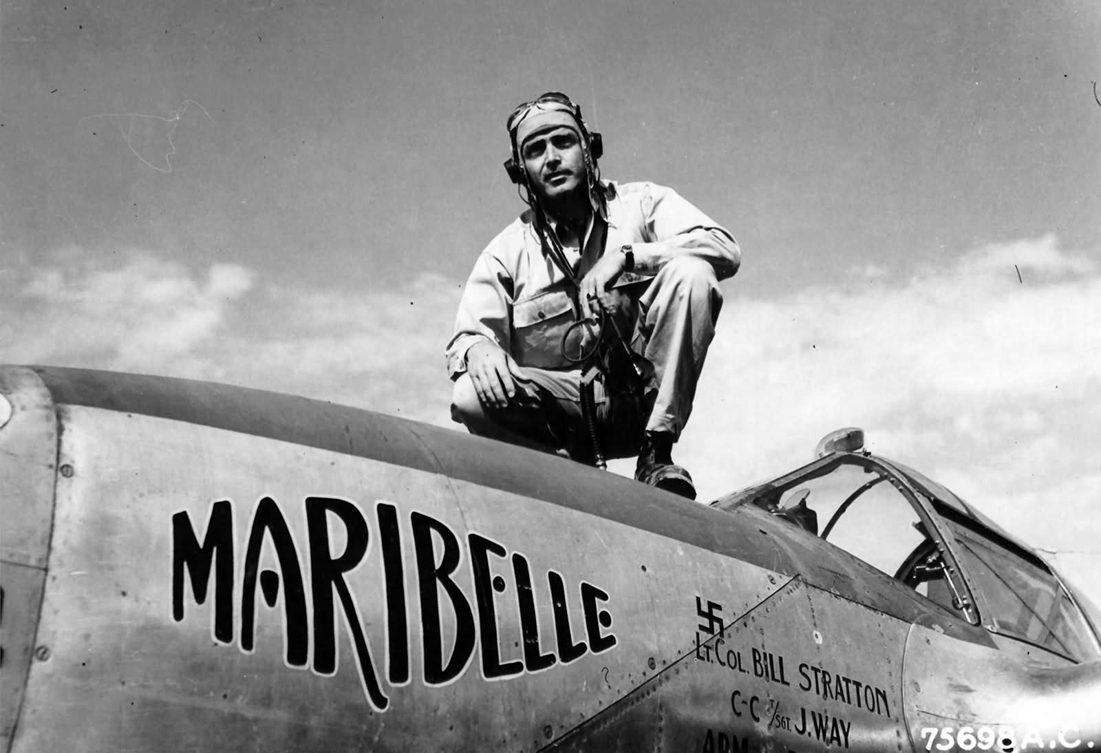 LtCol William Stratton 1st FG Operations staff atop his P-38 Lightning named Maribelle