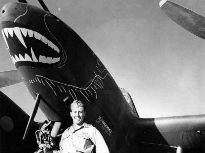 Lt James Hagenback of the 94th, FS 1st Fighter Group with his P-38 Bat Out Of Hell