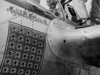 Maj Thomas McGuire in the cockpit of his P-38L December 1944