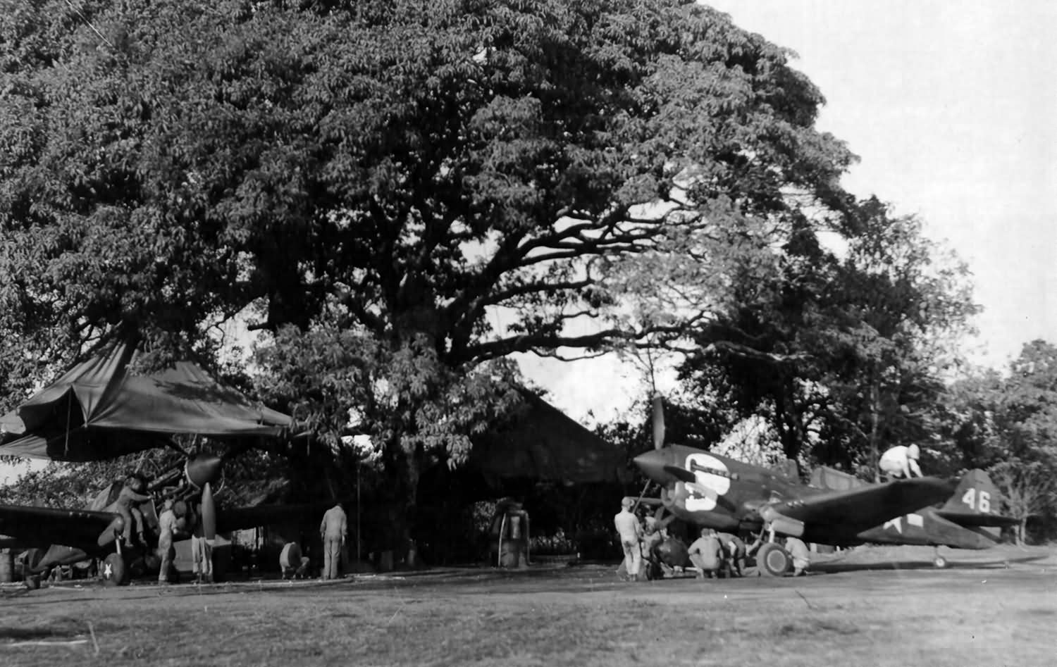 P 40N of the 89th Fighter Squadron 80th Fighter Group undergoes repairs in Upper Assam India February 1944
