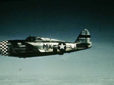 P-47 Thunderbolt code MX-G, serial 42-27607 of the 78th Fighter Group, 82nd FS in flight