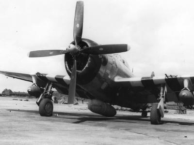 P-47 Thunderbolt with D-Day Invasion Stripes of the 366th FG sits on its hardstand on the northeast corner of Thruxton airfield England, June 1944