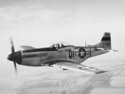 P-51D Mustang 44-15101 of the 356th Fighter Group, 361 Fighter Squadron in flight during World War II