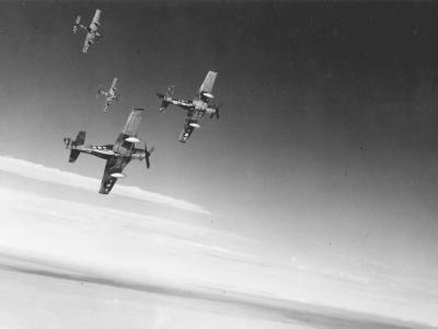 P-51 Mustangs of the 31st Fighter Group in flight during World War II
