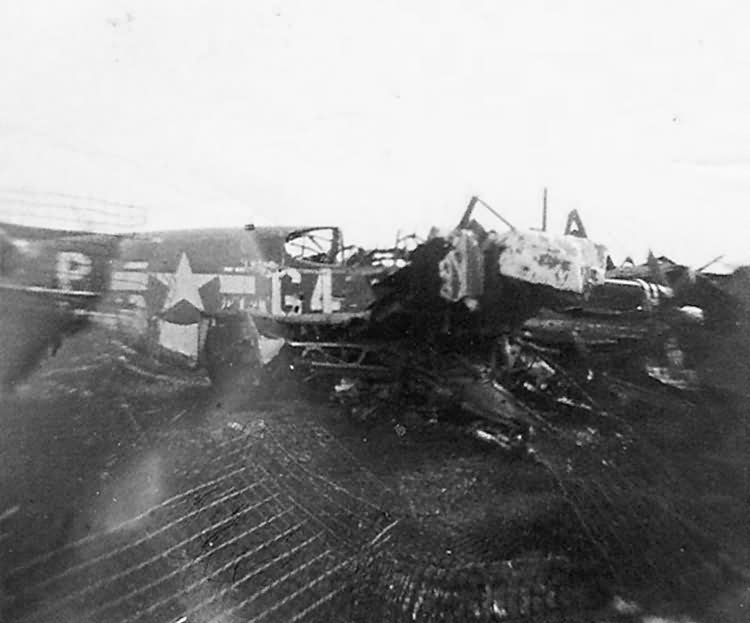 Destroyed P-51 Mustang coded G4+P of the 357th Fighter Group 362nd Fighter Squadron