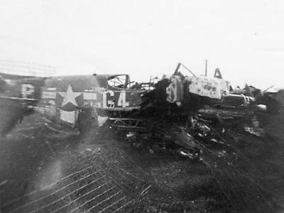 Destroyed P-51 Mustang coded G4+P of the 357th Fighter Group 362nd Fighter Squadron
