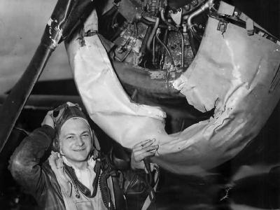 Lt Morehouse of 375th FS poses by his Damaged P-47C 41-6528 E2-I – April 9th 1944