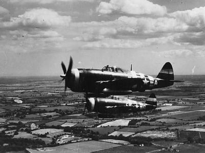 P-47 Thunderbolts 5F-A and 5F-G of the 5th ERS in flight over Lampham