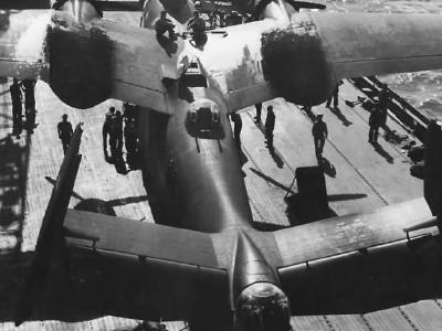 PBM-5 Martin Mariners gets overhaul on seaplane tender 1945