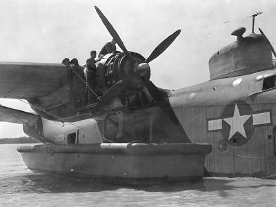 PBM-3 Mariner flying boat undergoing engine maintenance