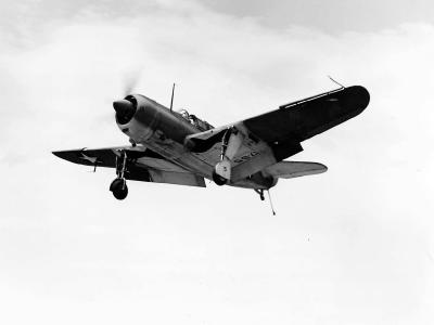 SB2C-1 Helldiver of VB-17 during approach for recovery aboard USS Bunker Hill (CV-17), Caribbean on 9 July 1943