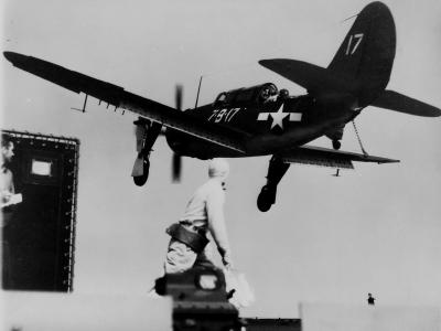 Curtiss SB2C-3 Helldiver white 17 of VB-7 USS Hancock during flight operations in 1944